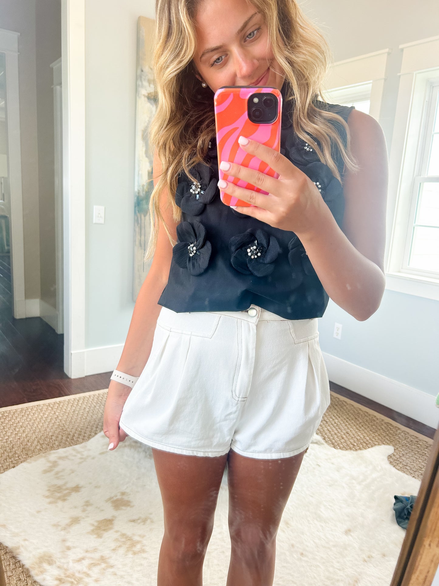 White Denim Pleated Shorts